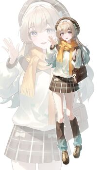 1girl absurdres alternate_costume aqua_hair bag brown_bag brown_shoes brown_skirt firefly_(honkai:_star_rail) full_body gradient_hair hand_up hashtag-only_commentary hat highres honkai:_star_rail honkai_(series) leg_warmers long_hair long_sleeves looking_at_viewer multicolored_hair open_mouth scarf seina_106 shoes shoulder_bag simple_background skirt smile solo standing sweater teeth upper_teeth_only white_background yellow_scarf