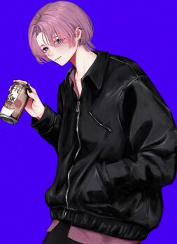 1girl aile_0315 arimura_mao black_jacket black_nails can casual commentary_request earclip fingernails gakuen_idolmaster hand_in_pocket highres holding holding_can idolmaster jacket light_smile long_sleeves looking_at_viewer nail_polish open_collar pink_hair purple_background purple_eyes short_hair simple_background solo