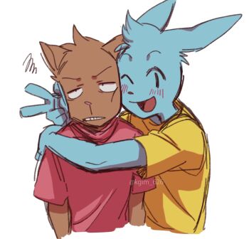 2boys animal_ears annoyed blush burgerpants cat_boy cat_ears commentary_request furry furry_male highres hug kageimo looking_at_viewer male_focus multiple_boys nice_cream_guy one_eye_closed open_mouth rabbit_boy rabbit_ears red_shirt shirt smile undertale upper_body utdr_(toby_fox) v white_background yellow_shirt