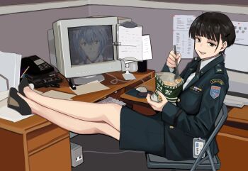 1girl ayanami_rei black_shoes breasts chair commentary computer computer_mouse computer_tower desk folding_chair green_jacket green_skirt grin highres holding holding_spoon jacket legs long_sleeves looking_at_viewer military_dress_uniform military_uniform monitor neon_genesis_evangelion on_chair original pencil_skirt phone ribbon_bar shoes sitting skirt smile solo spoon symbol-only_commentary united_states_forces_korea wani_(perfect_han)