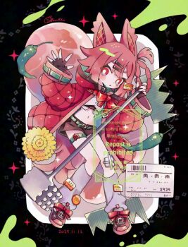 1girl animal_ears black_border black_shorts blush border bow bowtie braid braided_hair_rings bright_pupils coat commentary_request dated double-parted_bangs fox_ears fox_girl fox_tail full_body grey_background grey_socks hair_rings hands_up long_sleeves looking_at_viewer midriff mochimura_sorata navel one_side_up open_clothes open_coat original outside_border parted_lips red_bow red_bowtie red_coat red_eyes red_hair red_shoes shoes short_hair short_shorts shorts signature sneakers socks solo sparkle standing tail watermark white_pupils