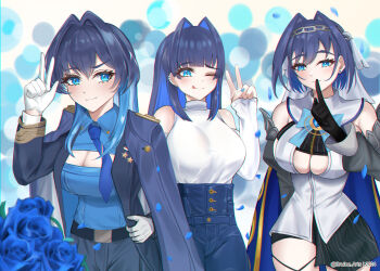 3girls absurdres black_gloves black_pants black_shirt blue_eyes blue_hair blue_jacket blue_necktie blue_shirt breasts brulee cleavage_cutout closed_mouth clothing_cutout dress finger_to_mouth gloves hair_intakes highres hololive hololive_english jacket large_breasts looking_at_viewer multiple_girls necktie official_alternate_costume official_alternate_hairstyle one_eye_closed ouro_kronii ouro_kronii_(1st_costume) ouro_kronii_(4th_costume) ouro_kronii_(casual) pants shirt smile thigh_strap tongue tongue_out v virtual_youtuber white_dress white_gloves