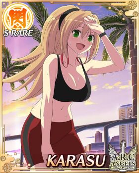 1girl :d bike_shorts border breasts brown_hair card_(medium) character_name cleavage english_text game_cg green_eyes headphones headphones_around_neck jogging karasu_(senran_kagura) large_breasts long_hair looking_at_viewer morning navel official_alternate_hairstyle official_art open_mouth palm_tree red_shorts senran_kagura senran_kagura_new_wave shorts smile solo sports_bra sweat tree wiping_sweat
