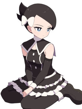 Rule 34 | 1girl, black dress, black hair, black pantyhose, blue eyes, bow, breasts, closed mouth, commentary request, detached sleeves, dress, full body, gothic lolita, hair bow, hair ornament, hiyoshipow, lolita fashion, marley (pokemon), nintendo, pantyhose, pokemon, pokemon dppt, seiza, shoes, short hair, simple background, sitting, solo, white background, white bow
