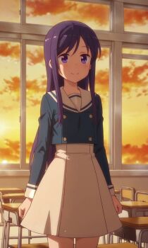1girl blue_eyes blue_hair classroom closed_mouth long_hair purple_eyes purple_hair