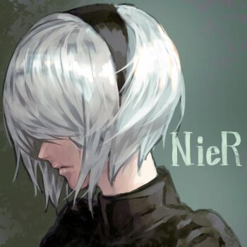 1girl black_hairband closed_mouth copyright_name hair_over_eyes hairband mstm nier_(series) nier:automata puffy_sleeves short_hair simple_background solo 2b_(nier:automata)