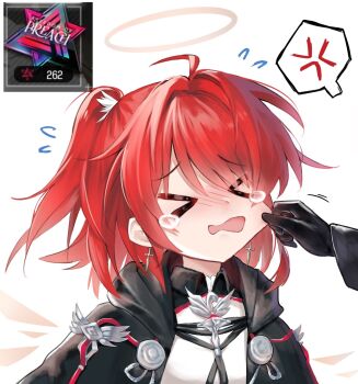 &gt;_&lt; 1girl ahoge anger_vein arknights black_gloves cheek_pinching doctor_(arknights) earrings exusiai_(arknights) exusiai_the_new_covenant_(arknights) gacha_(game_mechanic) gloves halo highres jewelry one_side_up pinching red_hair rinzy spoken_anger_vein tearing_up white_background