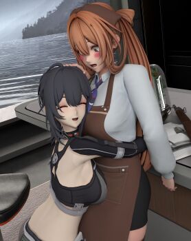3d absurdres arm_pouch bolt_action brown_hair commentary crop_top english_commentary girls'_frontline girls'_frontline_2:_exilium grace_howard green_eyes griffin_&amp;_kryuger_military_uniform gun hair_between_eyes hair_ribbon hair_rings highres m1903_springfield orange_eyes ribbon rifle sidelocks_tied_back sports_bra springfield_(girls'_frontline) springfield_(girls'_frontline_2) springfield_(stirring_mermaid)_(girls'_frontline) weapon yuri zenless_zone_zero zipper_top