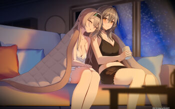 Rule 34 | 2girls, alphaart, alternate costume, bare shoulders, black hairband, black shirt, black shorts, breasts, cleavage, closed eyes, commentary, commission, crop top, cup, dress, english commentary, firefly (honkai: star rail), grey hair, hair between eyes, hairband, highres, holding, holding cup, honkai: star rail, honkai (series), indoors, long hair, medium breasts, midriff, multiple girls, night, shirt, shorts, sky, sleeping, star (sky), starry sky, stelle (honkai: star rail), trailblazer (honkai: star rail), twitter username, white dress, window, yellow eyes