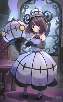 1girl absurdres alternate_costume bare_shoulders black_gloves black_hair blunt_bangs blush bob_cut breasts chair chandelier chandelure chandelure_(cosplay) closed_mouth cosplay dress elbow_gloves fire gen_5_pokemon gloves gonzarez gradient_hair gwynn_(pokemon) hat highres large_breasts looking_at_viewer mirror multicolored_hair nintendo pantyhose pokemon pokemon_(creature) pokemon_legends:_z-a purple_dress purple_eyes purple_hair shoes short_hair yellow_eyes