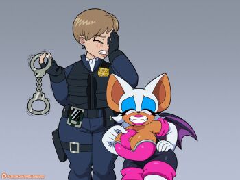 animal_ears bat_ears bat_girl bat_wings blue_eyeshadow breasts closed_eyes cuffs eyeshadow furry furry_female fuzzy_handcuffs hand_on_own_hip handcuffs highres large_breasts makeup omegasunburst open_mouth rouge_the_bat sonic_(series) sonic_x teeth topaz_(sonic) white_fur wings