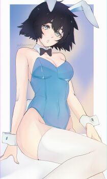 Rule 34 | 1girl, absurdres, animal ears, aqua eyes, arm support, artist name, bare shoulders, black bow, black bowtie, black hair, blue background, blue leotard, border, bow, bowtie, breasts, detached collar, fake animal ears, green eyes, head tilt, highres, leotard, looking at viewer, medium breasts, medium hair, parted lips, rabbit ears, science adventure, shiina mayuri, sitting, solo, steins;gate, strapless, strapless leotard, thighhighs, white border, white thighhighs, white wrist cuffs, wrist cuffs, yukiooromi