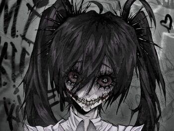 1girl :d ahoge bags_under_eyes black_hair brown_sclera collared_shirt colored_sclera colored_skin commentary cosplay creepypasta dead_faceless double-parted_bangs english_commentary eyelashes face_piercing glasgow_smile grey_background grin hair_between_eyes hatching_(texture) hatsune_miku heart highres jeff_the_killer jeff_the_killer_(cosplay) long_hair looking_at_viewer mouth_piercing muted_color open_mouth piercing portrait raised_eyebrows realistic_teeth shirt simple_background sketch_inset smile solo spiked_hair_ornament straight-on tareme teeth twintails vocaloid white_eyes white_shirt white_skin