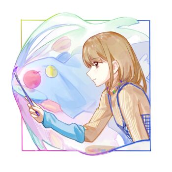 Rule 34 | 1girl, :3, blonde hair, blue arm warmers, brown eyes, brown sweater, commentary, english commentary, highres, holding, holding paintbrush, long sleeves, medium hair, mole, mole above mouth, paintbrush, real life, sasaki rico (voice actor), solo, sweater, voice actor, xinyi6239222644