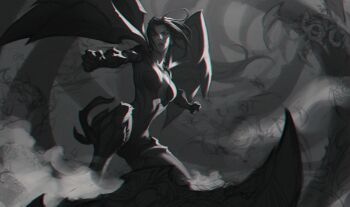 1girl animated animated_gif armor attack blood blurry blurry_background bodysuit breasts chengwei_pan cleavage clenched_hands collarbone covered_navel detached_wings energy_beam facial_mark facial_tattoo feet_out_of_frame fighting fighting_stance floating_hair forehead_mark forehead_tattoo kai'sa league_of_legends light lightning liquid long_hair looking_to_the_side magic medium_breasts monster multicolored_bodysuit official_art outdoors outstretched_arms parted_lips plunging_neckline purple_blood purple_bodysuit purple_eyes purple_hair serious shoulder_armor skin_tight solo tattoo thighs underground wings