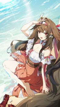 1girl animal_ears bare_shoulders barefoot beach breasts brown_hair casual cleavage droopy_ears fox_ears fox_girl frills hair_ornament hairband highres long_hair long_skirt looking_at_viewer nail_polish ocean official_alternate_costume official_art open_mouth pink_nails red_eyes sitting skirt smile snow solo wariza water ye_shunguang ye_shunguang_(touch_of_dawnlight) zenless_zone_zero