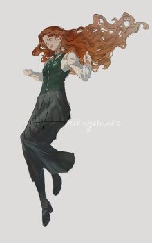Rule 34 | 1girl, artist name, black shoes, black skirt, black thighhighs, blue eyes, collared shirt, floating hair, full body, green necktie, green vest, gynger edventray (hiiragimare), highres, hiiragimare, hogwarts legacy, hogwarts school uniform, long hair, long skirt, long sleeves, mary janes, necktie, open mouth, original, red hair, school uniform, shirt, shoes, simple background, skirt, slytherin, smile, solo, thighhighs, vest, white background, white shirt, wizarding world
