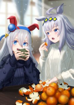 2girls ahoge animal_ears blue_eyes blue_hairband blue_sweater blush breasts commentary_request cup ear_covers ear_ornament fang food fruit grey_hair hair_between_eyes hair_ornament hairband headband highres holding holding_cup horse_ears horse_girl long_hair long_sleeves mandarin_orange mandarin_orange_slice multicolored_hair multicolored_hairband multiple_girls oguri_cap_(umamusume) open_mouth orange_(fruit) otono_(bkt4b) red_headband smile steaming_cup striped_clothes striped_hairband sweater tamamo_cross_(umamusume) two-tone_hairband umamusume very_long_hair white_sweater