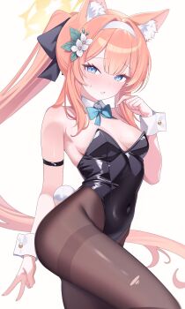 1girl absurdres alternate_costume alternate_hairstyle animal_ears arm_behind_back bare_shoulders black_leotard blue_archive blue_bow blue_bowtie blue_eyes blush bow bowtie breasts brown_pantyhose cat_ears cat_girl commentary covered_navel detached_collar fake_tail halo highres leotard long_hair mari_(blue_archive) medium_breasts nontraditional_playboy_bunny orange_hair pantyhose parted_lips poko050498 ponytail rabbit_tail smile solo sweatdrop tail v very_long_hair wrist_cuffs yellow_halo