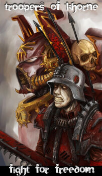 Rule 34 | 2boys, adeptus astartes, armor, blood, blood from mouth, chainsword, chaos (warhammer), chaos space marine, commentary, english commentary, english text, grey helmet, helmet, holding, holding weapon, khorne (symbol), lost and the damned (warhammer 40k), male focus, multiple boys, pauldrons, poster parody, power armor, propaganda, red armor, sharp teeth, shoulder armor, skull, skull ornament, spiked helmet, spikes, td-vice, teeth, warhammer 40k, weapon, world eaters, yellow eyes