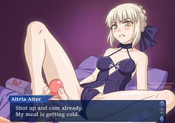 &gt;:( 1girl angry annoyed artist_name artoria_pendragon_(fate) bare_shoulders barefoot blonde_hair blush burbur cameltoe censored collarbone commentary disgust embarrassed english_commentary english_text eye_contact facing_viewer fate/grand_order fate_(series) feet footjob frown gesugao glaring hair_ornament looking_at_another looking_at_viewer mixed-language_commentary mosaic_censoring open_mouth penis saber_(fate) saber_alter saber_alter_(final_ascension) spread_legs toes two-footed_footjob v-shaped_eyebrows visual_novel watermark yellow_eyes