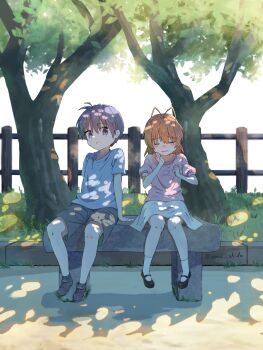 1boy 1girl aged_down antenna_hair blue_eyes blue_hair blue_shirt blush blush_stickers brown_hair child clannad clenched_hands closed_eyes closed_mouth commentary crying dappled_sunlight day emu_shido full_body furukawa_nagisa grey_shorts hair_between_eyes hands_up highres looking_at_another mary_janes medium_hair nose_blush okazaki_tomoya open_mouth outdoors park pink_shirt puffy_short_sleeves puffy_sleeves sad shirt shoes short_hair short_sleeves shorts side-by-side sitting skirt socks spiked_hair sunlight t-shirt white_skirt white_socks