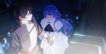 1boy 1girl black_hair cantarella_(wuthering_waves) dress highres holding_hands male_rover_(wuthering_waves) purple_hair rhg rover_(wuthering_waves) shirt white_dress wuthering_waves