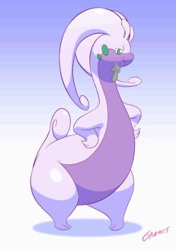 animated animated_gif antennae artist_name closed_mouth colored_skin commentary dancing english_commentary full_body gen_6_pokemon goodra gradient_background green_eyes large_tail nintendo pokemon pokemon_(creature) purple_background purple_skin shadow simple_background solo standing tail thick_thighs thighs vic_(garrts) white_background