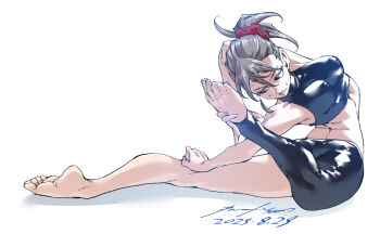 1girl ass asymmetrical_clothes barefoot breasts contortion exercising feet flexible full_body grey_eyes grey_hair highres medium_breasts nabipenciller original ponytail single_pantsleg soles solo stirrup_legwear sweat toeless_legwear toes twisted_torso