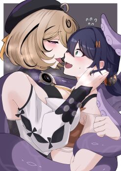 2girls absurdres bare_shoulders belle_(summer_skies)_(zenless_zone_zero) belle_(zenless_zone_zero) beret bikini bikini_top_under_shirt bikini_under_clothes black_hat blonde_hair blue_hair blush border breast_press breasts collarbone commentary_request cowlick detached_sleeves earclip eye_contact flying_sweatdrops green_eyes hair_between_eyes hair_ornament half-closed_eyes hat highres imminent_kiss large_breasts letter_hair_ornament looking_at_another multiple_girls off-shoulder_shirt off_shoulder official_alternate_costume open_mouth purple_eyes purple_nails see-through_clothes see-through_shirt shirt short_hair sphere_hair_ornament steam suction_cups sweat swimsuit tail tail_wrap tentacle_girl tentacle_tail tentacles tongue tongue_out upper_body white_border white_shirt yidhari_murphy yuri yuura_(yuura_ephyra) zenless_zone_zero