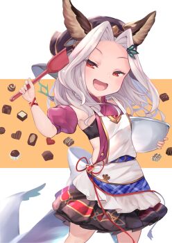 1girl :d animal_ears apron armpits bare_shoulders black_headscarf black_skirt blush bowl brown_background candy chocolate chocolate_heart clothing_cutout ears_through_headwear female_focus food granblue_fantasy hair_ornament headscarf heart highres holding holding_bowl long_hair looking_at_viewer mixing_bowl open_mouth p_answer parted_bangs pleated_skirt puffy_short_sleeves puffy_sleeves purple_shirt purple_sleeves red_eyes scathacha_(granblue_fantasy) shirt short_sleeves side_cutout silver_hair skirt sleeveless sleeveless_shirt smile solo spatula two-tone_background white_apron white_background
