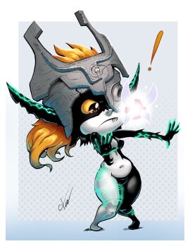 Rule 34 | artist name, black skin, colored sclera, colored skin, fairy, grey helmet, helmet, helmet over one eye, highres, imp, midna, multicolored skin, navi, nintendo, pear-shaped figure, shortstack, simple background, surprised, the legend of zelda, the legend of zelda: ocarina of time, the legend of zelda: twilight princess, two-tone skin, yellow sclera