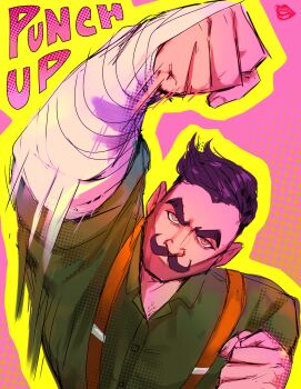 1boy arm_wrap artist_name black_hair brown_eyes character_name clenched_hands dispatch facial_hair green_shirt highres looking_at_viewer male_focus motion_blur mustache pink_background punch_up_(dispatch) punching shirt short_hair spunketpunk suspenders thick_eyebrows