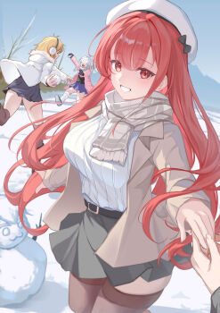 1boy 2nom_shiki 3girls absurdres anis_(nikke) belt beret black_belt blue_skirt blue_sky breasts brown_coat brown_hair character_snowman coat commander_(nikke) commentary_request counters_(nikke) goddess_of_victory:_nikke grey_skirt hat highres holding holding_hands holding_snowball large_breasts multiple_girls neon_(nikke) pov pov_hands rapi_(nikke) rapi_(red_hood)_(nikke) red_eyes red_hair revision short_hair skirt sky smile snow snowball snowball_fight snowman sweater thighs white_coat white_sweater winter_clothes winter_coat