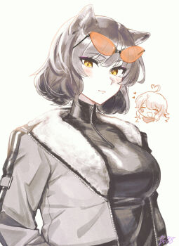 Rule 34 | :d, absurdres, ahoge, animal ears, bandana, bc98 48280, black bodysuit, black hair, blake belladonna, blush, blush stickers, bodysuit, breasts, cat ears, cat girl, closed eyes, closed mouth, commentary request, eyewear on head, faunus (rwby), grey jacket, hair between eyes, heart, heart ahoge, highres, impossible bodysuit, impossible clothes, jacket, large breasts, light smile, long hair, long sleeves, looking at viewer, medium hair, open clothes, open jacket, open mouth, orange-tinted eyewear, rwby, simple background, smile, solo focus, tinted eyewear, turtleneck, turtleneck bodysuit, upper body, white background, white jacket, yang xiao long, yellow eyes