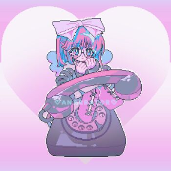 1girl angel_wings animated animated_gif antique_phone apangbai_(anarrator) artist_name bare_shoulders black-framed_eyewear black_skirt blinking blue_eyes blue_hair blue_wings blush_stickers boots bow bracelet bright_pupils chibi chinese_commentary closed_mouth colored_inner_hair commentary_request corded_phone crossed_legs dot_nose eyelashes glasses hair_bow halter_shirt halterneck happy heart heart_background highres jewelry knee_boots lace-up_boots looping_animation medium_hair miniskirt multicolored_hair original outline oversized_object pastel_colors phone pink_background pink_boots pink_bow pink_hair pixel_art rotary_phone round_eyewear shirt sitting skirt smile solo sparkle turtleneck turtleneck_shirt watermark white_outline white_pupils white_shirt wings