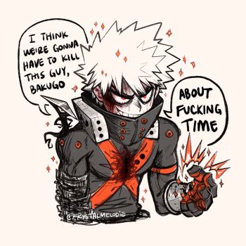 2boys artist_name bakugou_katsuki blood blood_from_forehead blood_on_chest blood_on_clothes blood_on_ears blood_on_face bloodshot_eyes boku_no_hero_academia bright_pupils character_name commentary crazy_eyes creature creature_on_shoulder cropped_arm cropped_torso edgeshot english_commentary english_text gloves grid_teeth grin hand_up happy high_collar highres i_think_we're_gonna_have_to_kill_this_guy_steven_(meme) krystalmelodie looking_ahead male_focus meme merchandise_available multiple_boys on_shoulder orange_gloves partially_colored profanity red_eyes short_hair single_horizontal_stripe smile sparkle sparks speech_bubble spiked_hair spoilers stitched_chest stitched_torso stitches sweat talking two-sided_gloves wrist_guards x_(symbol)
