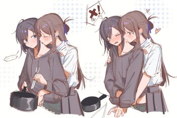 ... 2girls black_hair black_hoodie blue_eyes blush braid brown_hair chopsticks closed_eyes closed_mouth collared_shirt commentary cooking cooking_pot drawstring ear_blush earrings grey_hoodie grey_skirt haidao_mao half_up_braid hashtag-only_commentary heart hickey highres holding holding_chopsticks holding_cooking_pot hood hood_down hoodie jewelry licking licking_another&#039;s_neck long_hair long_sleeves medium_hair miyagi_shiori multiple_girls one_eye_closed purple_eyes school_uniform sendai_hazuki shirt shuuniichido_classmate_wo_kau_hanashi sidelocks skirt smile spoken_ellipsis stud_earrings white_shirt yuri