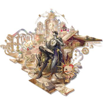 1boy absurdres arknights black_hat black_suit boots brown_boots brown_theme facial_hair figure_four_sitting flask formal_clothes full_body hat highres holding holding_flask horns horns_through_headwear lace-up_boots male_focus mustache official_art pants robot round-bottom_flask scroll shutun simple_background sitting solo suit third-party_source tin_man_(arknights) tin_man_(phase_face)_(arknights) transparent_background yellow_theme