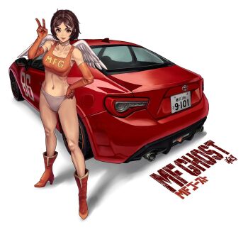 1girl antenna_hair blush breasts brown_eyes brown_hair car cleavage collarbone crop_top elbow_gloves gloves hand_on_own_hip highres looking_at_viewer medium_breasts mf_ghost midriff motor_vehicle navel orange_gloves panties saionji_ren short_hair smile solo sports_car toyota toyota_86 underwear white_panties
