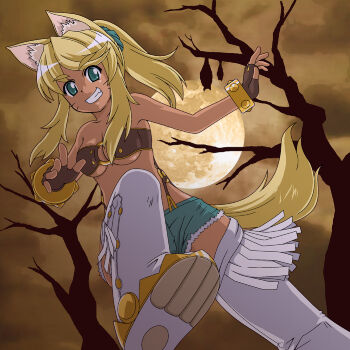 1girl animal_ear_fluff animal_ears bare_tree bat_(animal) belt_bra blonde_hair blue_eyes boots breasts brown_gloves cleavage commentary_request dark-skinned_female dark_skin denim denim_shorts extra_ears facial_mark fingerless_gloves foot_out_of_frame full_moon gloves grin ki_(adotadot) liru long_hair looking_at_viewer medium_breasts moon o-ring open_hands partial_commentary ponytail renkin_san-kyuu_magical_pokaan shoe_soles shorts smile solo tail thick_eyebrows thigh_boots tree whisker_markings white_boots wolf_ears wolf_girl wolf_tail