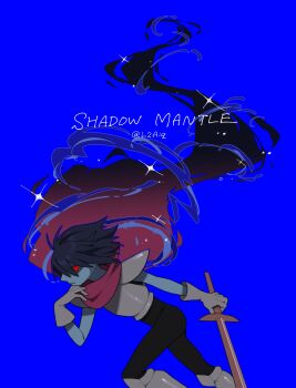 1other armor black_bodysuit black_hair blue_background bodysuit cape cowboy_shot deltarune gloves grey_gloves hand_up highres holding holding_sword holding_weapon kris_(dark_world)_(deltarune) kris_(deltarune) l2aiq red_eyes short_hair simple_background solo sparkle sword twitter_username utdr_(toby_fox) weapon