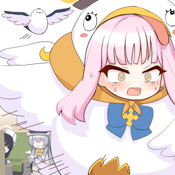 3girls @_@ bird bird_costume black_hair blue_archive blunt_bangs blurry commentary_request depth_of_field faceless faceless_female fleeing grey_hair hair_between_eyes halo hat highlander_railway_academy_student_(hg)_(blue_archive) indoors long_hair looking_at_another medical_emergency_club_member_(blue_archive) mika_(blue_archive) multiple_girls nervous_sweating nurse nurse_cap o_(rakkasei) on_bench peroro_(blue_archive) pink_hair sidelocks sitting sweat train_attendant train_interior travel_attendant yellow_eyes