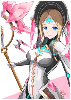 1girl agate_(xenoblade) blonde_hair blue_eyes bodysuit border breasts facial_mark forehead_mark highres makibane_(mkbane) medium_breasts simple_background solo twitter_username upper_body white_background white_bodysuit white_border xenoblade_chronicles_(series) xenoblade_chronicles_2