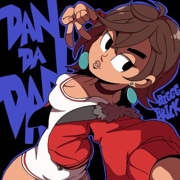 absurdres ayase_momo ayase_momo_(gyaru_combat_style) bigggbrick black_background black_choker breasts brown_hair choker cleavage dandadan dress earrings fur-trimmed_jacket fur_trim highres jacket jewelry red_jacket selfie simple_background smile tight_clothes tight_dress v white_dress