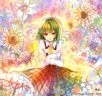 Rule 34 | 1girl, ascot, cowboy shot, dress, floral background, flower, green hair, highres, kazami yuuka, long sleeves, looking at viewer, medium hair, petals, plaid clothes, plaid dress, rainbow background, red dress, red eyes, red flower, rose, smile, solo, spider lily, sunflower, torii sumi, touhou, white sleeves, yellow ascot