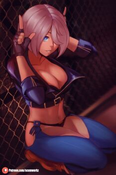 1girl angel_(kof) blue_eyes female_focus gloves hands_up jacket kneeling leather looking_at_viewer pale_skin panties scumworks scumworkz short_hair the_king_of_fighters thick_thighs thighs underwear white_hair