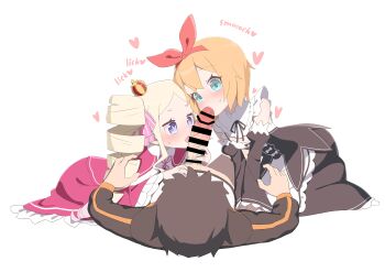 1boy 2girls apron aqua_eyes bar_censor beatrice_(re:zero) black_ribbon blonde_hair blue_eyes blush bow bow_hairband breasts butterfly-shaped_pupils censored cooperative_fellatio crown detached_sleeves dress drill_hair fellatio frilled_apron frills hair_between_eyes hair_bow hairband heart highres kissing_penis kumacy_0 licking loli long_hair lying maid_apron mini_crown multiple_girls natsuki_subaru neck_ribbon on_back oral orange_hair penis petra_leyte pink_bow pink_dress pink_ribbon re:zero_kara_hajimeru_isekai_seikatsu red_hairband revision ribbon ribbon-trimmed_dress ribbon_trim short_hair simple_background sitting small_breasts sweat symbol-shaped_pupils teamwork_(sexual) tongue tongue_out twin_drills white_background