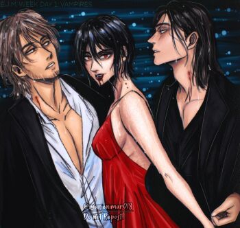 1girl 2boys bad_tag beard_stubble blood blood_on_face breasts brown_hair commentary dress english_commentary eren_yeager facial_hair fangs hair_between_eyes highres incest jean_kirstein marienimar mikasa_ackerman multiple_boys profile red_dress red_eyes shingeki_no_kyojin short_hair sideboob stubble twitter_username vampire