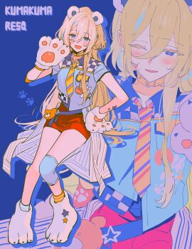 1girl absurdres animal_charm animal_ears animal_feet bear_charm bear_ears bear_paws blonde_hair blue_background blue_eyes blue_shirt blue_socks blue_streaks blush charm_(object) checkered_clothes checkered_shirt collared_shirt colored_eyelashes different_zoom_layer eichi_turnr ensemble_stars! facial_mark fake_animal_ears full_body genderswap genderswap_(mtf) hair_between_eyes hand_on_own_hip hand_up heart heart_facial_mark highres invisible_chair knee_guards kuma_kuma_resq_(ensemble_stars!) long_hair looking_at_viewer mismatched_socks multicolored_hair necktie one_eye_closed open_mouth paw_print red_skirt shirt sitting skirt socks solo streaked_hair striped_clothes striped_necktie tenshouin_eichi very_long_hair yellow_collar yellow_socks